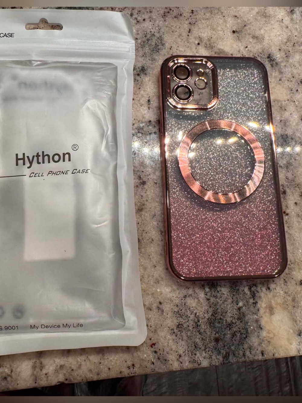 iPhone 12 Rose Gold Glitter Magnetic Ring Phone Case - OS